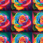 rainbow roses, multicolored flowers, vibrant petals, water droplets, green leaves, red, orange, yellow, blue, purple, pink, floral pattern, botanical design,, fabric panel, bright colors, decorative roses, artistic flowers, nature motif, crafting material
