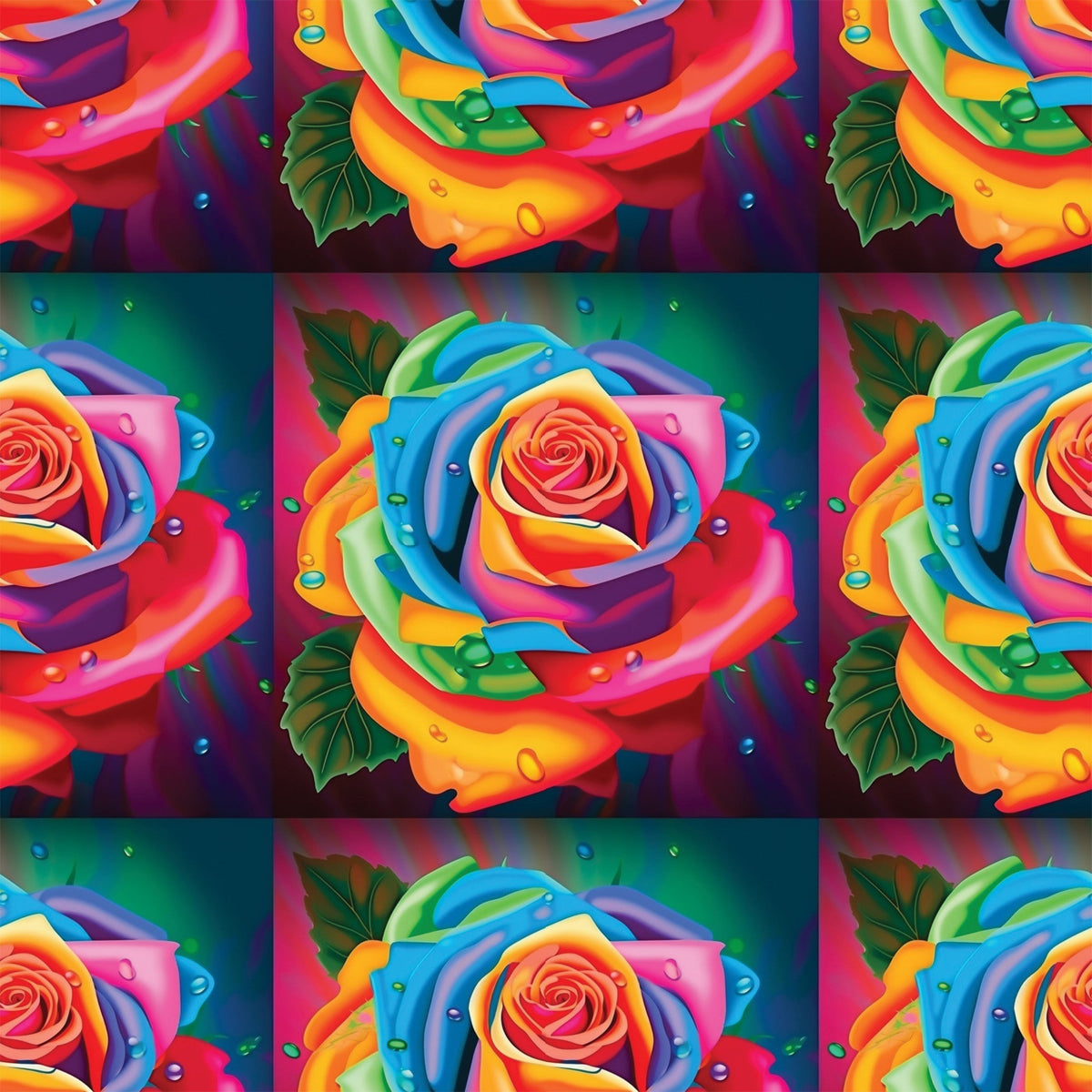 rainbow roses, multicolored flowers, vibrant petals, water droplets, green leaves, red, orange, yellow, blue, purple, pink, floral pattern, botanical design,, fabric panel, bright colors, decorative roses, artistic flowers, nature motif, crafting material