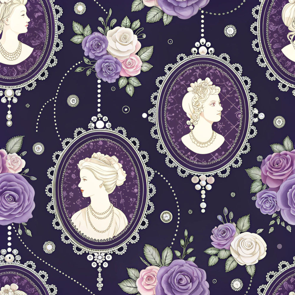 navy blue, deep purple, lavender, dusty rose, cream, ivory, pearl white, sage green, vintage cameo, portrait medallions, floral, roses, ornamental, lace details, pearls, jeweled, elegant, victorian, romantic, classic, timeless, botanical, nature-inspired, royal, regal, sophisticated, garden, bouquets, ornate frames, vintage aesthetic