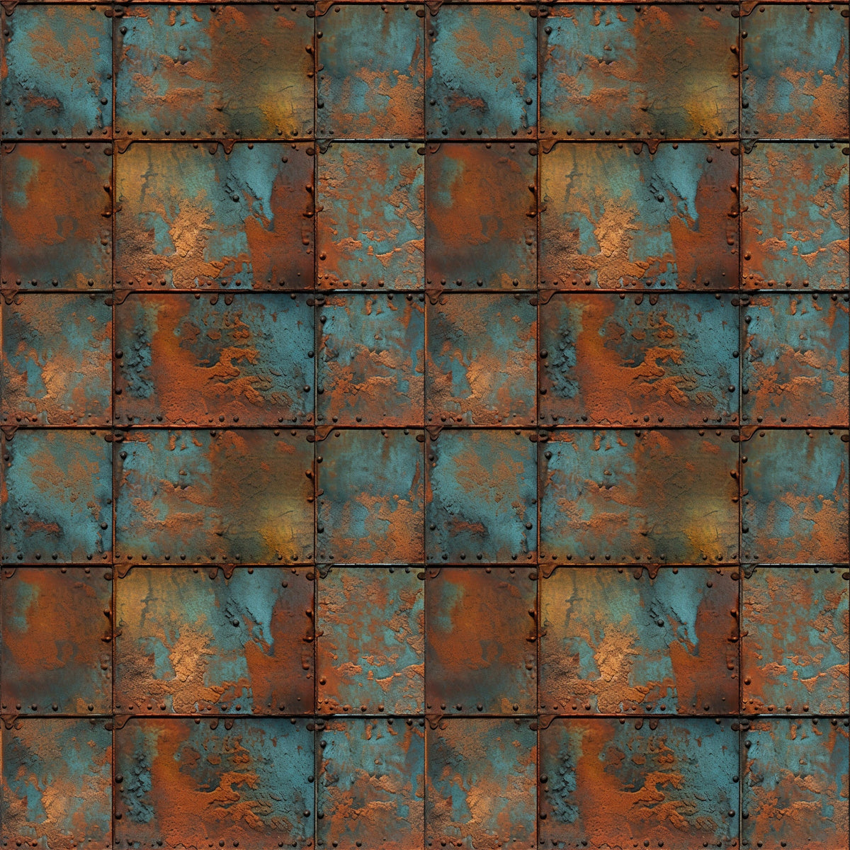 rust orange, teal blue, copper brown, weathered metal, oxidized surface, patina texture, industrial pattern, distressed finish, riveted panels, corroded steel, vintage metal, steampunk aesthetic, grunge texture,, fabric panel, metallic appearance, aged iron, turquoise accents, geometric squares, textured surface