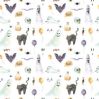 halloween, ghosts, bats, black cat, spooky, orange balloon, potion bottle, witch, purple, pale green, cream, orange, pale yellow, whimsical, playful, kids, children, festive, holiday, autumn, fall, trick or treat, creepy cute, supernatural, enchanted, pumpkin, candy corn, striped candy, scary, fun