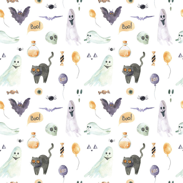 halloween, ghosts, bats, black cat, spooky, orange balloon, potion bottle, witch, purple, pale green, cream, orange, pale yellow, whimsical, playful, kids, children, festive, holiday, autumn, fall, trick or treat, creepy cute, supernatural, enchanted, pumpkin, candy corn, striped candy, scary, fun