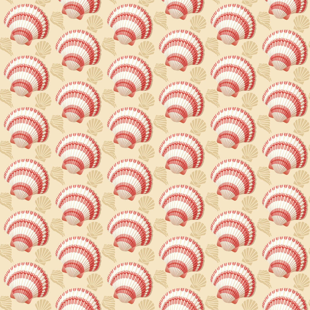 coral, cream, beige, seashells, scallop shells, fan shells, marine motifs, ocean theme, beach pattern, repeating design, nautical, coastal, summer fabric,, fabric panel, seaside elements, shell collection, geometric arrangement, warm tones, tropical vibes