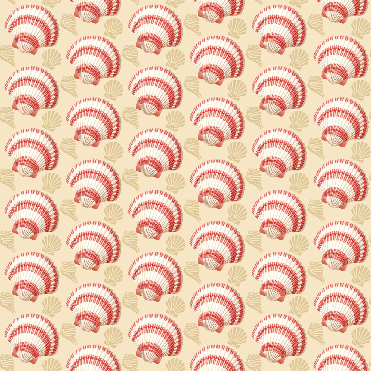 coral, cream, beige, seashells, scallop shells, fan shells, marine motifs, ocean theme, beach pattern, repeating design, nautical, coastal, summer fabric,, fabric panel, seaside elements, shell collection, geometric arrangement, warm tones, tropical vibes
