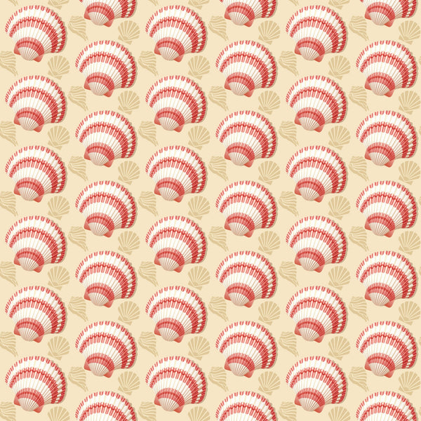coral, cream, beige, seashells, scallop shells, fan shells, marine motifs, ocean theme, beach pattern, repeating design, nautical, coastal, summer fabric,, fabric panel, seaside elements, shell collection, geometric arrangement, warm tones, tropical vibes