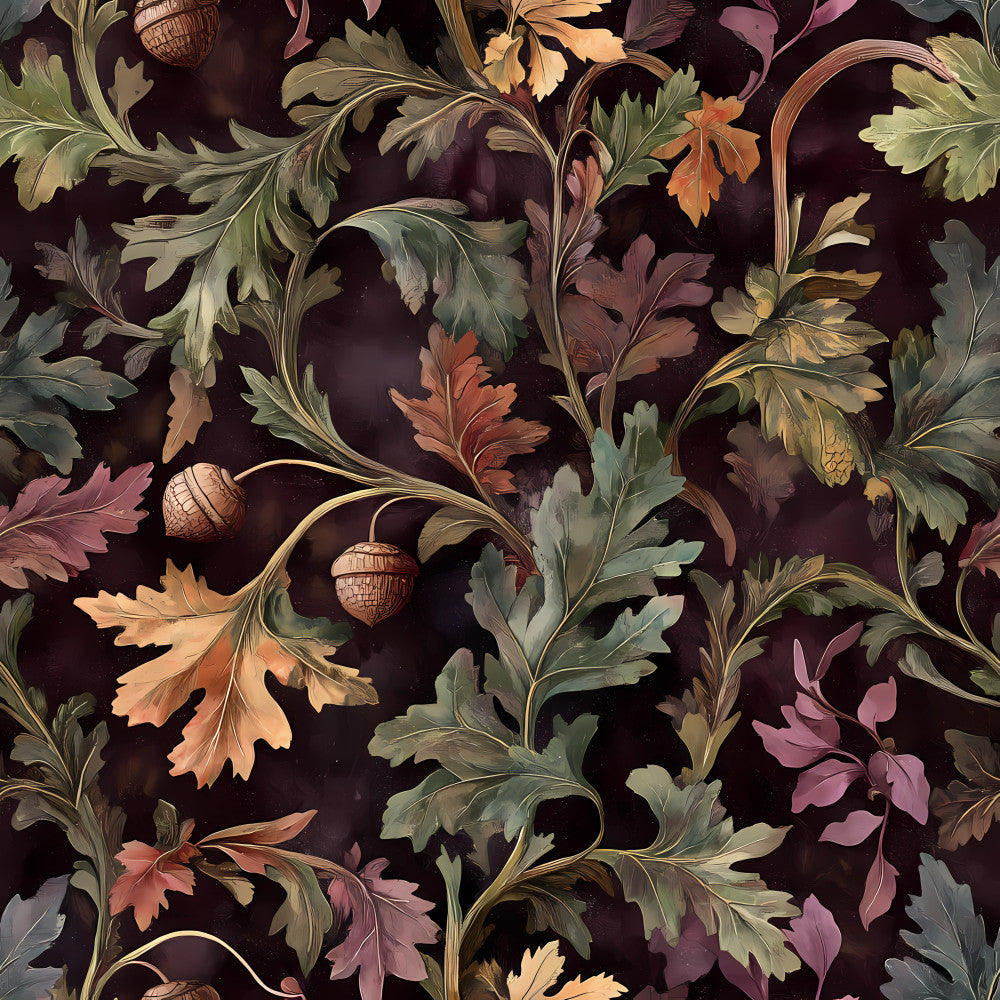 burgundy floral, deep brown background, autumn leaves, oak leaves, acorns, vintage botanical, forest green, dusty rose, burnt orange, golden brown, elegant pattern, traditional design, nature-inspired, fall foliage, botanical illustration, classic floral, sophisticated style, earthy tones, warm color palette, decorative leaves, autumn theme, woodland style, victorian inspired, timeless pattern, natural elements, muted colors, ornate design, rustic elegance, heritage print