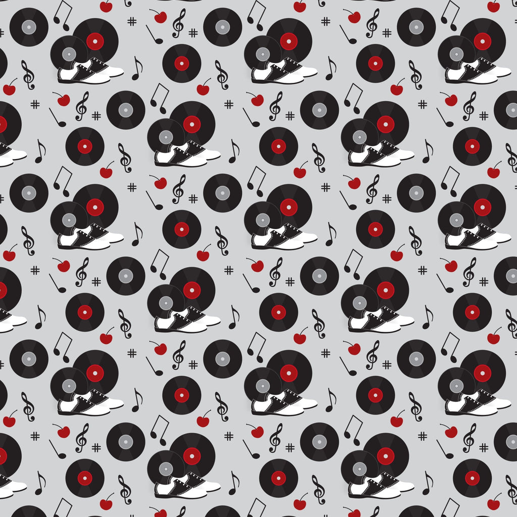 black, red, white, gray, vinyl records, turntables, sneakers, music notes, treble clef, apples, 1950s style, retro, diner aesthetic, repeating pattern,, fabric panel, musical instruments, rockabilly, vintage vibes, scattered motifs