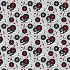 black, red, white, gray, vinyl records, turntables, sneakers, music notes, treble clef, apples, 1950s style, retro, diner aesthetic, repeating pattern,, fabric panel, musical instruments, rockabilly, vintage vibes, scattered motifs
