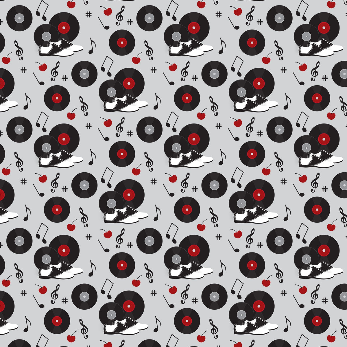 black, red, white, gray, vinyl records, turntables, sneakers, music notes, treble clef, apples, 1950s style, retro, diner aesthetic, repeating pattern,, fabric panel, musical instruments, rockabilly, vintage vibes, scattered motifs