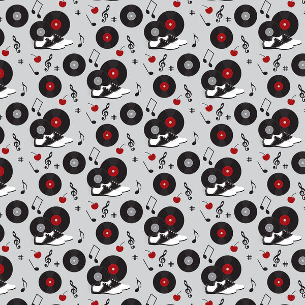 black, red, white, gray, vinyl records, turntables, sneakers, music notes, treble clef, apples, 1950s style, retro, diner aesthetic, repeating pattern,, fabric panel, musical instruments, rockabilly, vintage vibes, scattered motifs