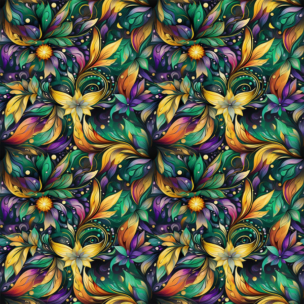 purple, green, yellow, orange, floral pattern, decorative masks, swirling vines, ornate design, mardi gras theme, festive motifs,, fabric panel, botanical elements, carnival masks, jewel tones, repeating pattern, ornamental flourishes, party theme, celebration design