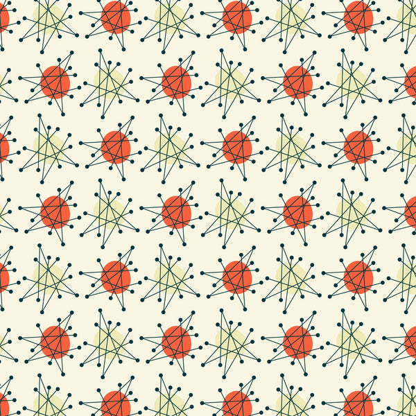 atomic age, starburst pattern, mid-century modern, orange circles, navy blue lines, cream background, geometric design, retro style, 1950s inspired, radiating lines, dot endpoints, repeating motif, modernist aesthetic,, fabric panel, atomic era, sunburst shapes, vintage pattern, minimalist design, angular lines