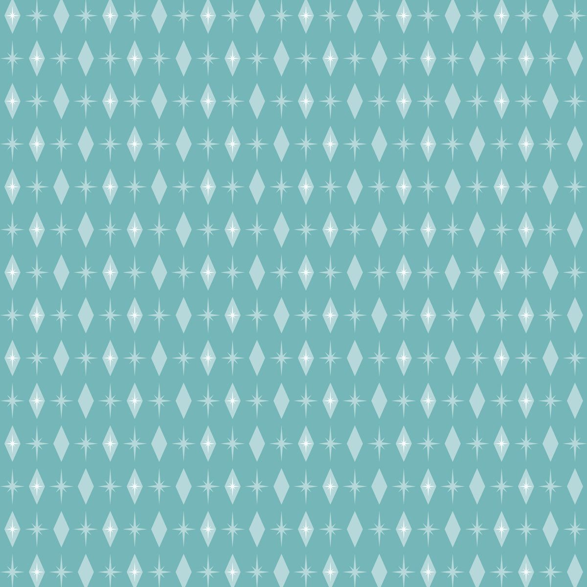 turquoise, mint green, white, atomic starburst, mid-century modern, geometric pattern, diamond shapes, star motifs, retro design, vintage style,, fabric panel, repeating pattern, modernist aesthetic, 1950s inspired, atomic age, minimalist design, craft fabric, sewing material