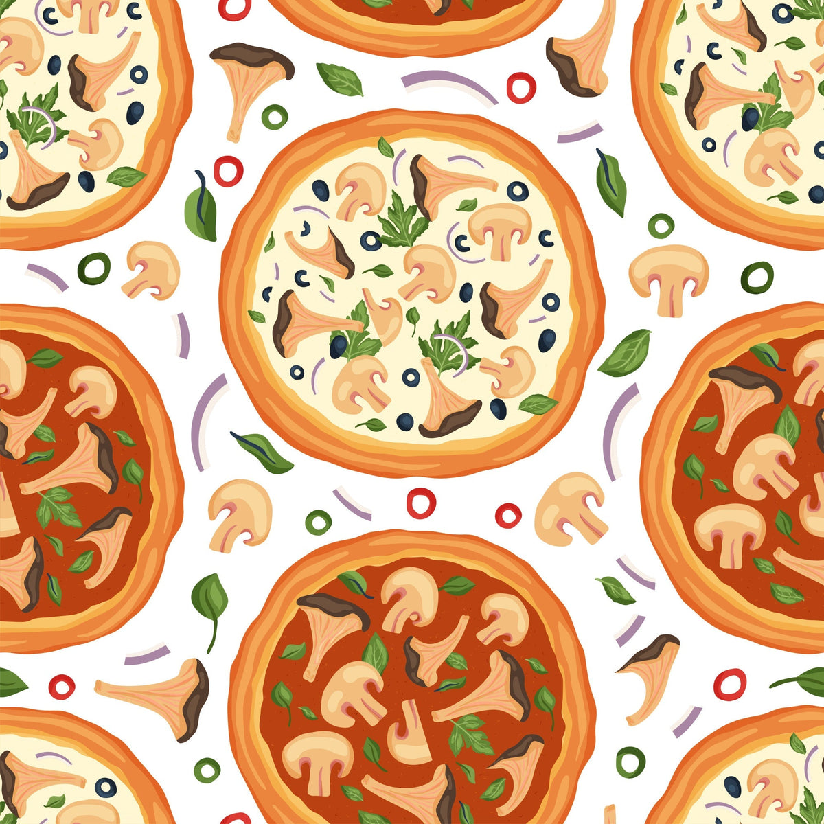 pizza pattern, mushrooms, basil leaves, orange crust, red tomato sauce, cream cheese, green herbs, food illustration, seamless repeat,, fabric panel, italian cuisine, cooking theme, kitchen motif, cartoon style, colorful design, purple onions, scattered ingredients, playful pattern, culinary art