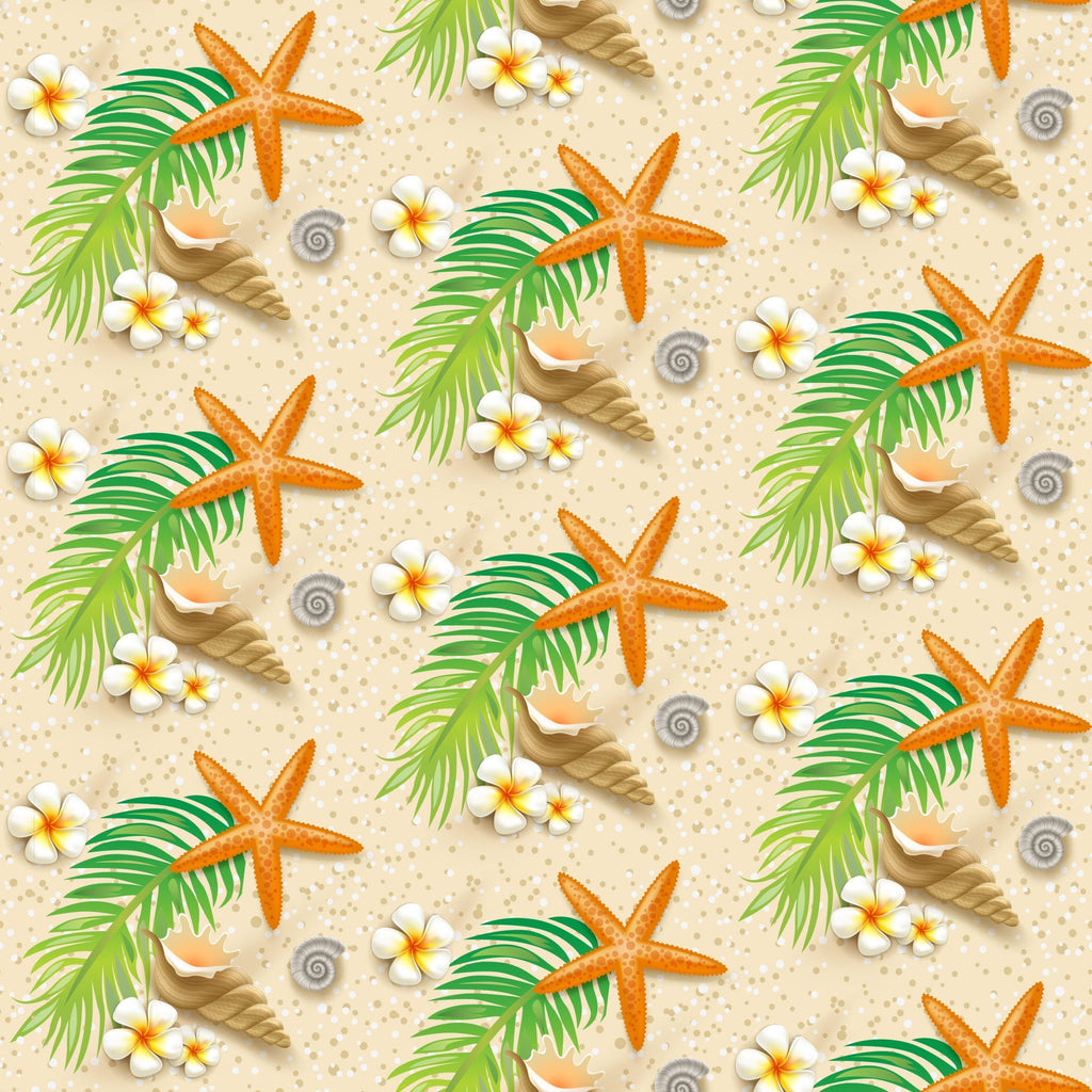 beige, orange, green, white, starfish, palm leaves, tropical flowers, seashells, rope, sand texture, beach theme, summer pattern,, fabric panel, seamless repeat, nautical elements, plumeria flowers, coral starfish, tropical paradise, vacation vibes