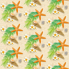 beige, orange, green, white, starfish, palm leaves, tropical flowers, seashells, rope, sand texture, beach theme, summer pattern,, fabric panel, seamless repeat, nautical elements, plumeria flowers, coral starfish, tropical paradise, vacation vibes