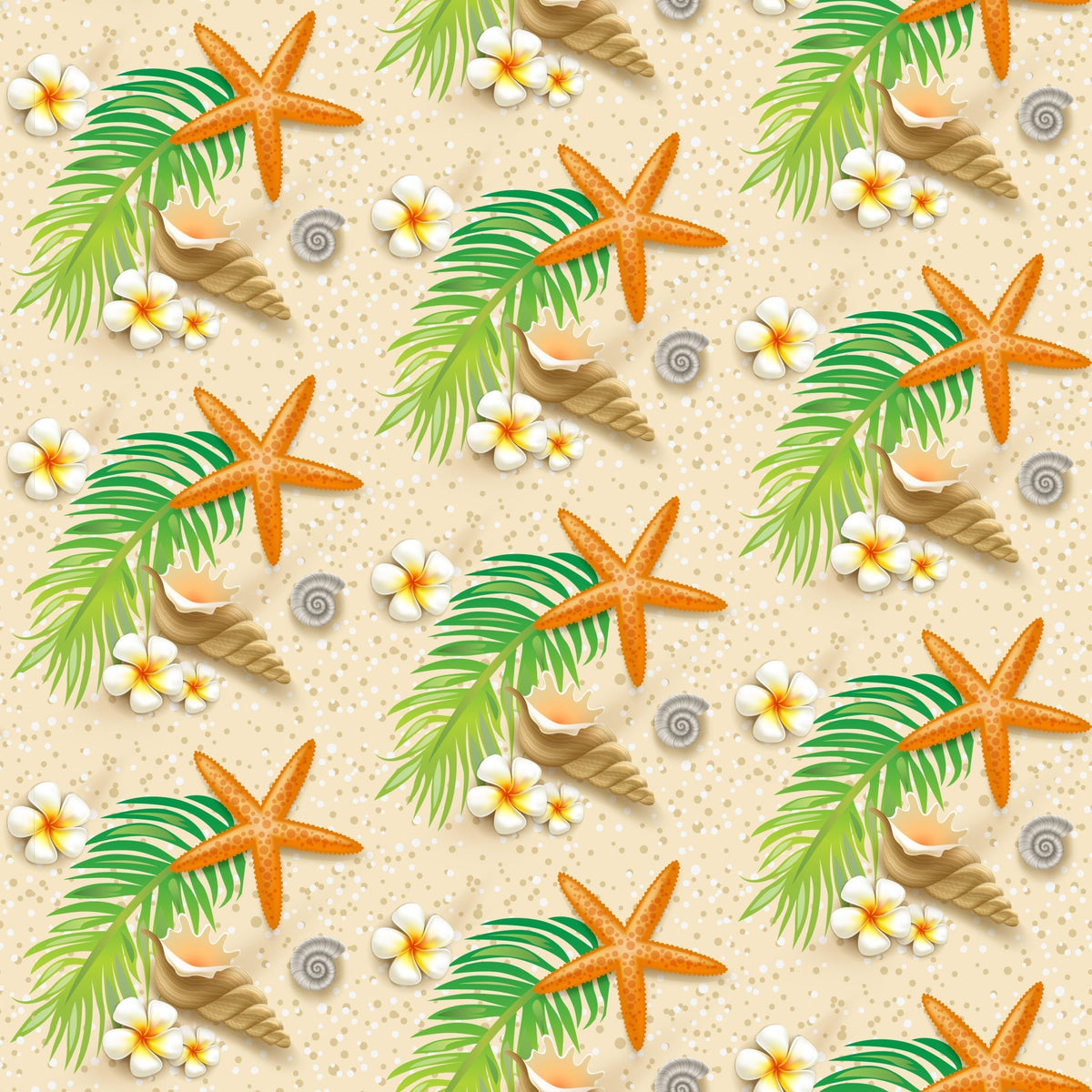 beige, orange, green, white, starfish, palm leaves, tropical flowers, seashells, rope, sand texture, beach theme, summer pattern,, fabric panel, seamless repeat, nautical elements, plumeria flowers, coral starfish, tropical paradise, vacation vibes