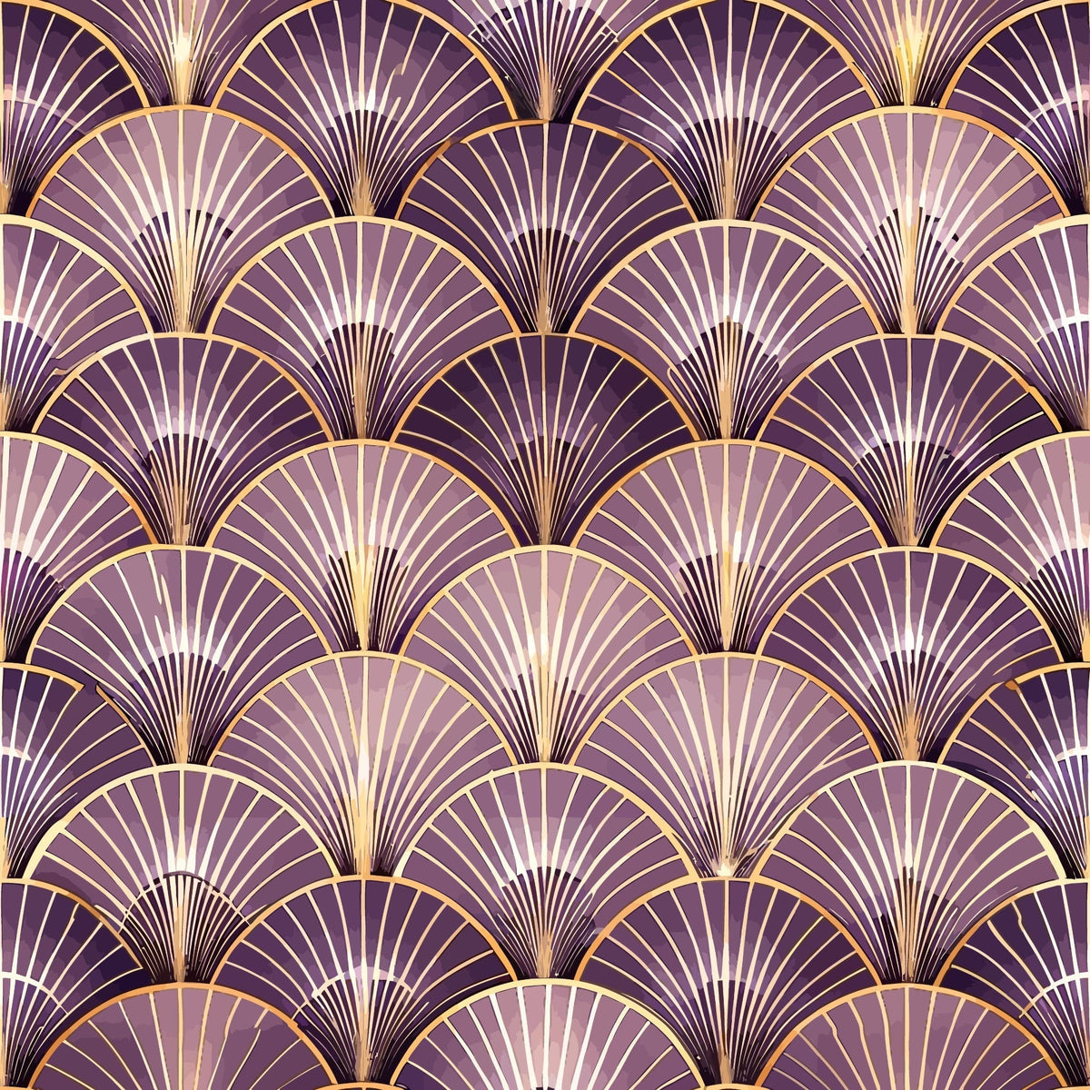 purple, gold, lavender, plum, fan pattern, art deco, geometric design, scallop motif, repeating pattern, radiating lines, vintage style, elegant, luxurious,, fabric panel, shell design, peacock feather motif, gradient shading, sophisticated, ornamental