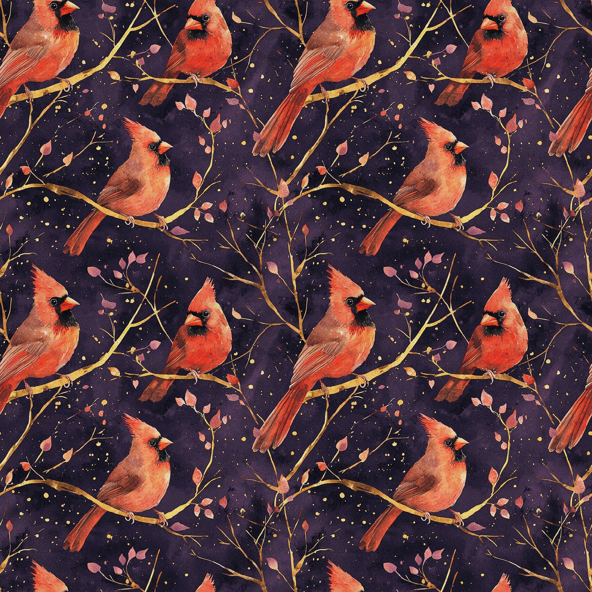 red cardinals, coral pink, purple background, golden branches, birds perched, nature pattern,, fabric panel, botanical elements, leaves motif, seamless repeat, wildlife design, autumn colors, warm tones, peaceful mood, artistic illustration, branch silhouettes, scattered dots, natural theme