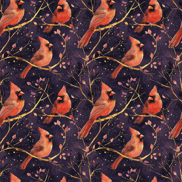 red cardinals, coral pink, purple background, golden branches, birds perched, nature pattern,, fabric panel, botanical elements, leaves motif, seamless repeat, wildlife design, autumn colors, warm tones, peaceful mood, artistic illustration, branch silhouettes, scattered dots, natural theme