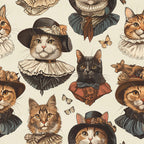victorian cats, period costumes, ornate clothing, ruffled collars, vintage hats, tabby cats, calico cats, butterflies, cream background, brown tones, sepia colors,, fabric panel, whimsical pattern, dressed animals, historical fashion, decorative bonnets, vintage illustration style, repeating motif