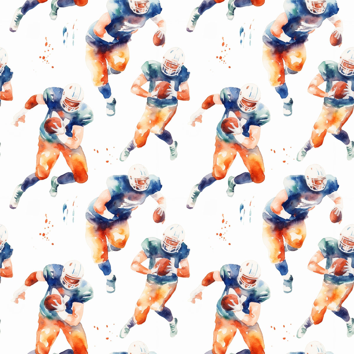 watercolor football, orange gradient, navy blue, teal accents, athletic players, sports pattern, running figures, football helmets, cotton fabric, quilting panel, repeating motif, energetic movement, team colors, masculine design, sports theme, fluid brushstrokes, dynamic poses, game day, athletic wear inspired, seamless repeat