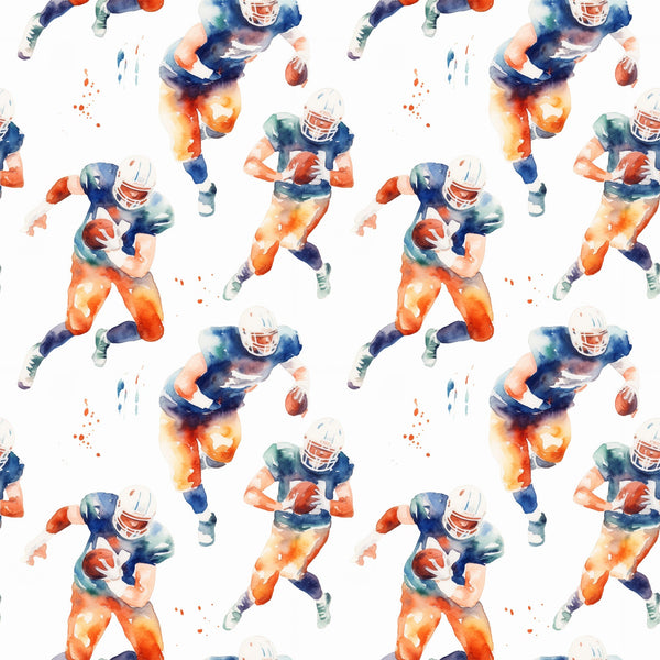 watercolor football, orange gradient, navy blue, teal accents, athletic players, sports pattern, running figures, football helmets, cotton fabric, quilting panel, repeating motif, energetic movement, team colors, masculine design, sports theme, fluid brushstrokes, dynamic poses, game day, athletic wear inspired, seamless repeat