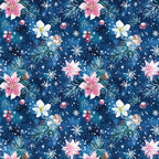 watercolor, blue background, christmas pattern,, fabric panel, snowflakes, pine branches, pink flowers, white flowers, berries, pinecones, winter florals, festive design, holiday motifs, navy blue, soft pink, botanical elements, repeating pattern, seasonal fabric, crafting material
