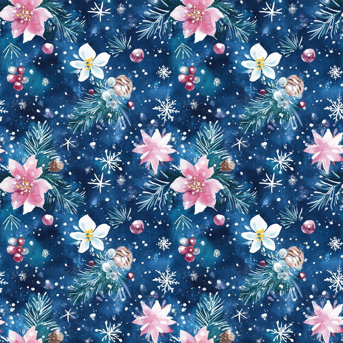 watercolor, blue background, christmas pattern,, fabric panel, snowflakes, pine branches, pink flowers, white flowers, berries, pinecones, winter florals, festive design, holiday motifs, navy blue, soft pink, botanical elements, repeating pattern, seasonal fabric, crafting material