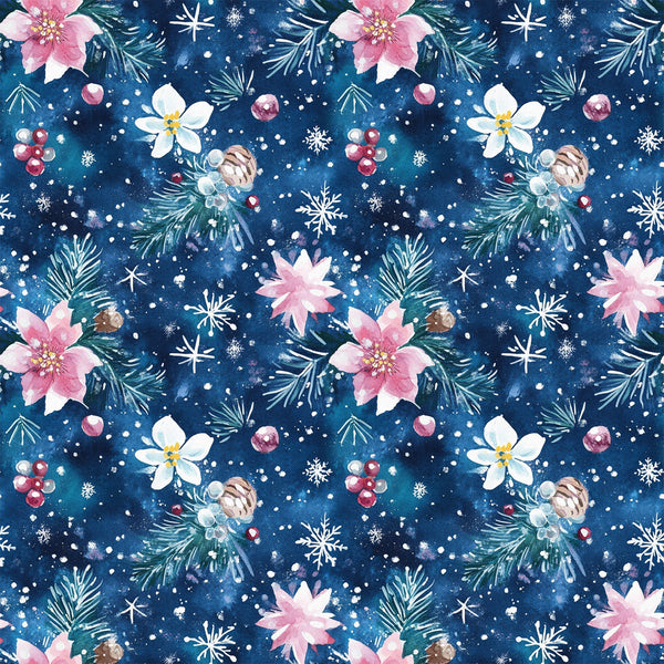 watercolor, blue background, christmas pattern,, fabric panel, snowflakes, pine branches, pink flowers, white flowers, berries, pinecones, winter florals, festive design, holiday motifs, navy blue, soft pink, botanical elements, repeating pattern, seasonal fabric, crafting material