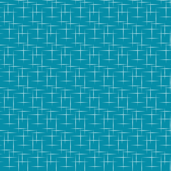 turquoise, teal, aqua, geometric pattern, atomic age, mid-century modern, starburst design, retro style, 1950s inspired, crosshatch lines, angular shapes,, fabric panel, vintage aesthetic, modernist design, repetitive pattern, structured grid, abstract motifs