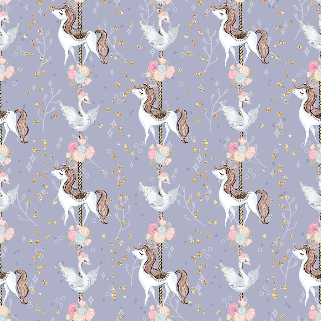 lavender purple, soft pink, gold glitter, white unicorns, carousel horses, flying doves, floral bouquets, roses, whimsical pattern, magical theme, fairytale motif, repeating design,, fabric panel, dreamy aesthetic, pastel colors, fantasy creatures, children's fabric, nursery theme, enchanted pattern