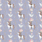 lavender purple, soft pink, gold glitter, white unicorns, carousel horses, flying doves, floral bouquets, roses, whimsical pattern, magical theme, fairytale motif, repeating design,, fabric panel, dreamy aesthetic, pastel colors, fantasy creatures, children's fabric, nursery theme, enchanted pattern