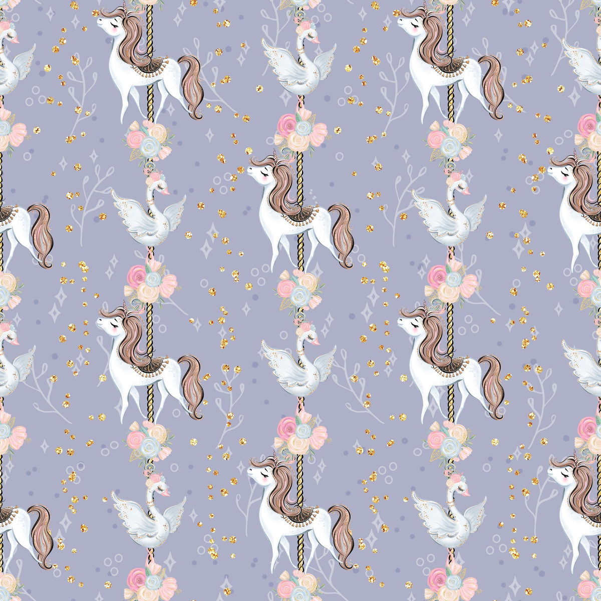 lavender purple, soft pink, gold glitter, white unicorns, carousel horses, flying doves, floral bouquets, roses, whimsical pattern, magical theme, fairytale motif, repeating design,, fabric panel, dreamy aesthetic, pastel colors, fantasy creatures, children's fabric, nursery theme, enchanted pattern