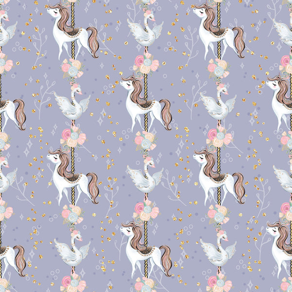 lavender purple, soft pink, gold glitter, white unicorns, carousel horses, flying doves, floral bouquets, roses, whimsical pattern, magical theme, fairytale motif, repeating design,, fabric panel, dreamy aesthetic, pastel colors, fantasy creatures, children's fabric, nursery theme, enchanted pattern