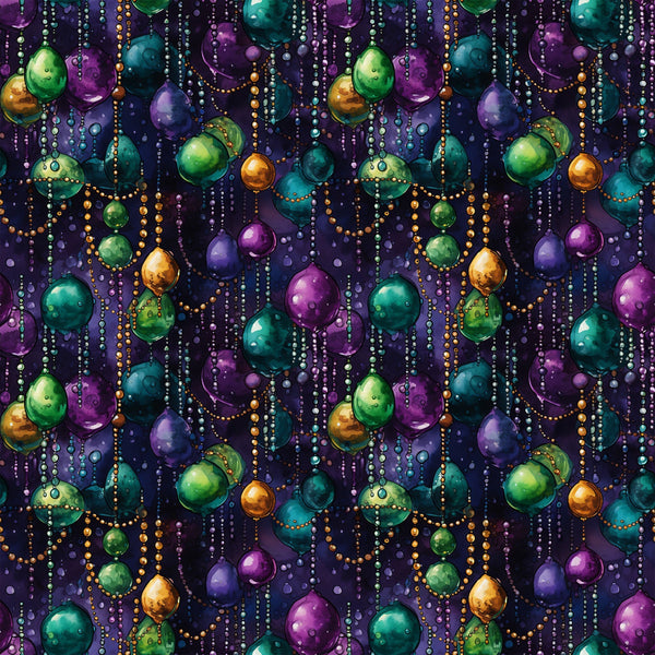 purple, green, gold, teal, orange, mardi gras beads, jewel tones, festive pattern, carnival celebration, new orleans theme,, fabric panel, party atmosphere, decorative beads, purple background, metallic accents, repeating pattern, celebratory design, fat tuesday, beaded necklaces