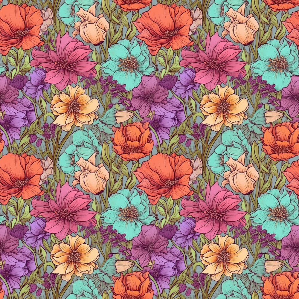 coral orange, turquoise, hot pink, lavender purple, peach, cream, olive green, multicolor, floral, botanical, flowers, dahlia, cosmos, garden, nature, spring, summer, whimsical, colorful, vibrant, bright, feminine, romantic, cottage core, detailed illustration, artistic, traditional floral, dense pattern, layered petals, filled blooms