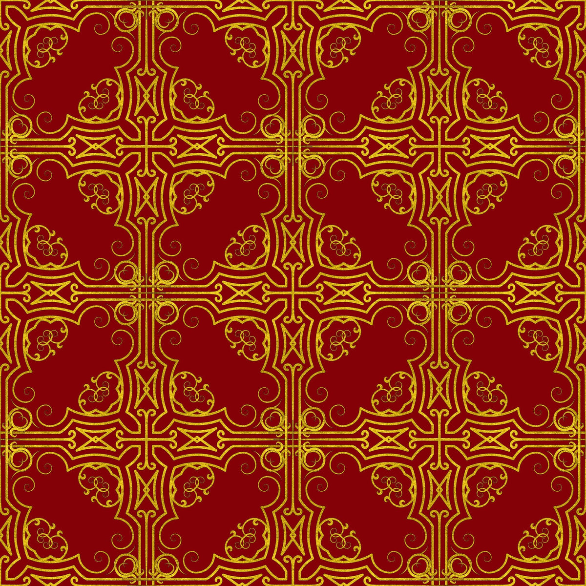 red, gold, burgundy, crimson, ornate pattern, decorative scrollwork, floral motifs, geometric design, cross motifs, swirls, curvilinear elements, repeating pattern, symmetrical design, ornamental, christmas fabric, holiday themed,, fabric panel, luxurious appearance, intricate details