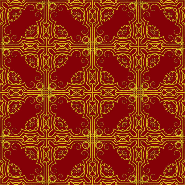red, gold, burgundy, crimson, ornate pattern, decorative scrollwork, floral motifs, geometric design, cross motifs, swirls, curvilinear elements, repeating pattern, symmetrical design, ornamental, christmas fabric, holiday themed,, fabric panel, luxurious appearance, intricate details
