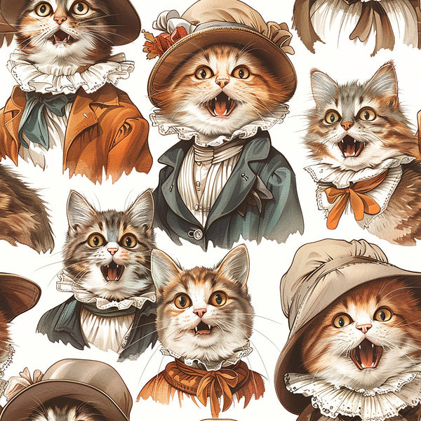 victorian cats,, fabric panel, brown tones, orange accents, cream colors, vintage clothing, ruffled collars, period costumes, surprised expressions, open mouths, wide eyes, tabby cats, calico cats, ornate hats, bow ties, historical fashion, whimsical animals, repeating pattern, cotton fabric