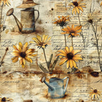 golden yellow, orange, brown, cream, beige, watering cans, sunflowers, daisies, vintage script, handwritten text, gardening theme, botanical illustration, weathered paper, aged parchment, floral motifs, rustic style, cottage garden,, fabric panel, country living, farmhouse aesthetic