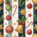 christmas ornaments, candy canes, gold stars, red baubles, green pine branches, golden bell, striped pattern, watercolor style, festive holiday,, fabric panel, navy blue background, cream stripes, red ribbon bows, winter theme, decorative elements, seasonal motifs, ornament collection, holiday crafting