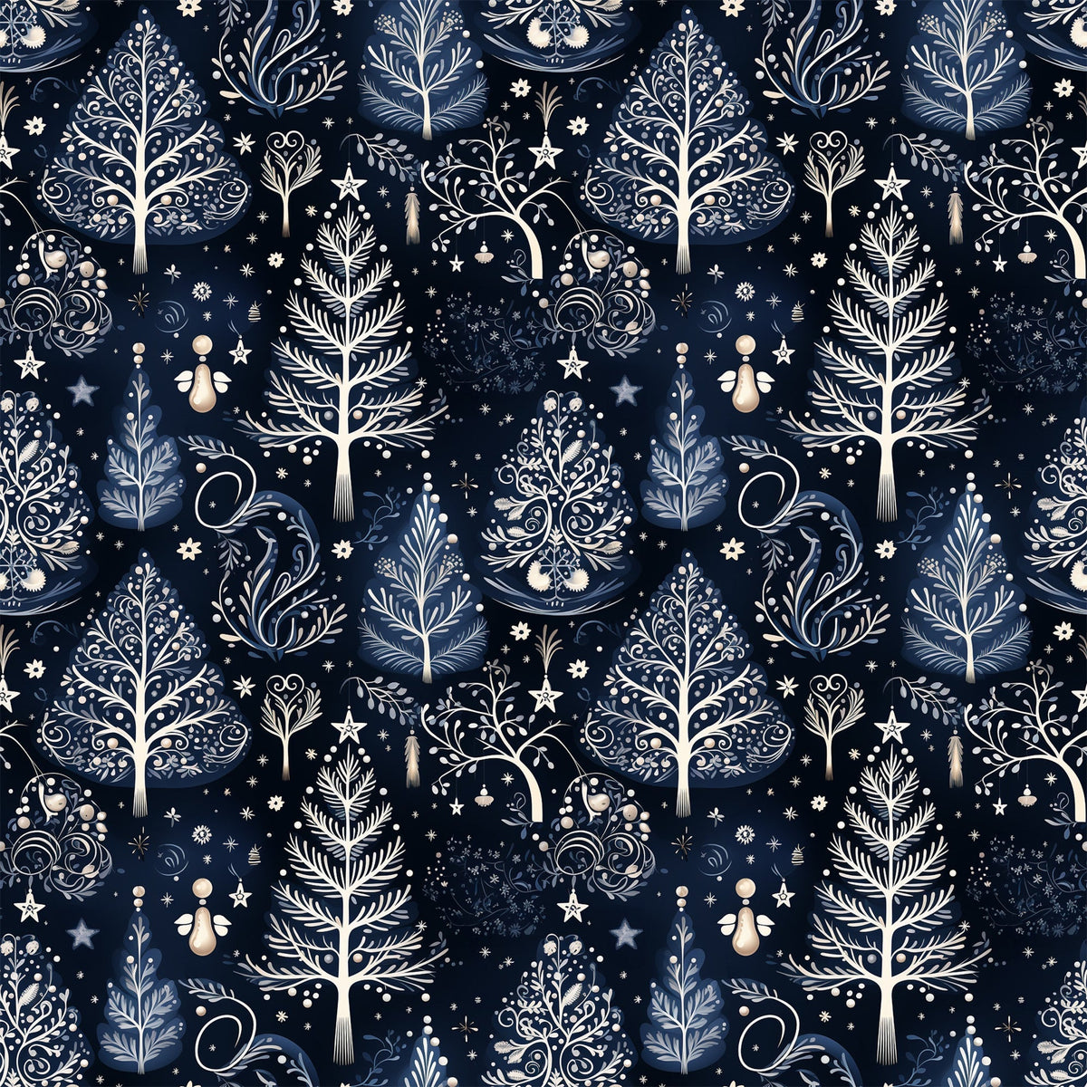 delft blue, navy blue, cream, winter pattern, botanical motifs, decorative trees, ornamental branches, stars, snowflakes, folk art style, intricate scrollwork, nature elements,, fabric panel, seamless repeat, elegant design, winter theme, decorative flourishes, organic shapes, sophisticated palette