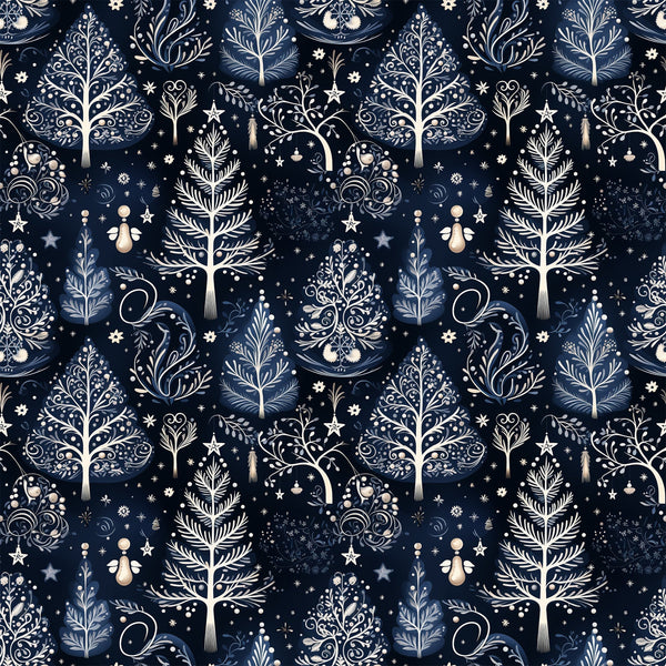 delft blue, navy blue, cream, winter pattern, botanical motifs, decorative trees, ornamental branches, stars, snowflakes, folk art style, intricate scrollwork, nature elements,, fabric panel, seamless repeat, elegant design, winter theme, decorative flourishes, organic shapes, sophisticated palette
