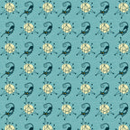 teal background, atomic starburst, mid-century modern, black cats, yellow eyes, geometric patterns, retro style, 1950s inspired, boomerang shapes, atomic age, turquoise blue, stylized cats, angular designs, space age motifs, vintage aesthetic,, fabric panel, modernist pattern, atomic era, decorative elements
