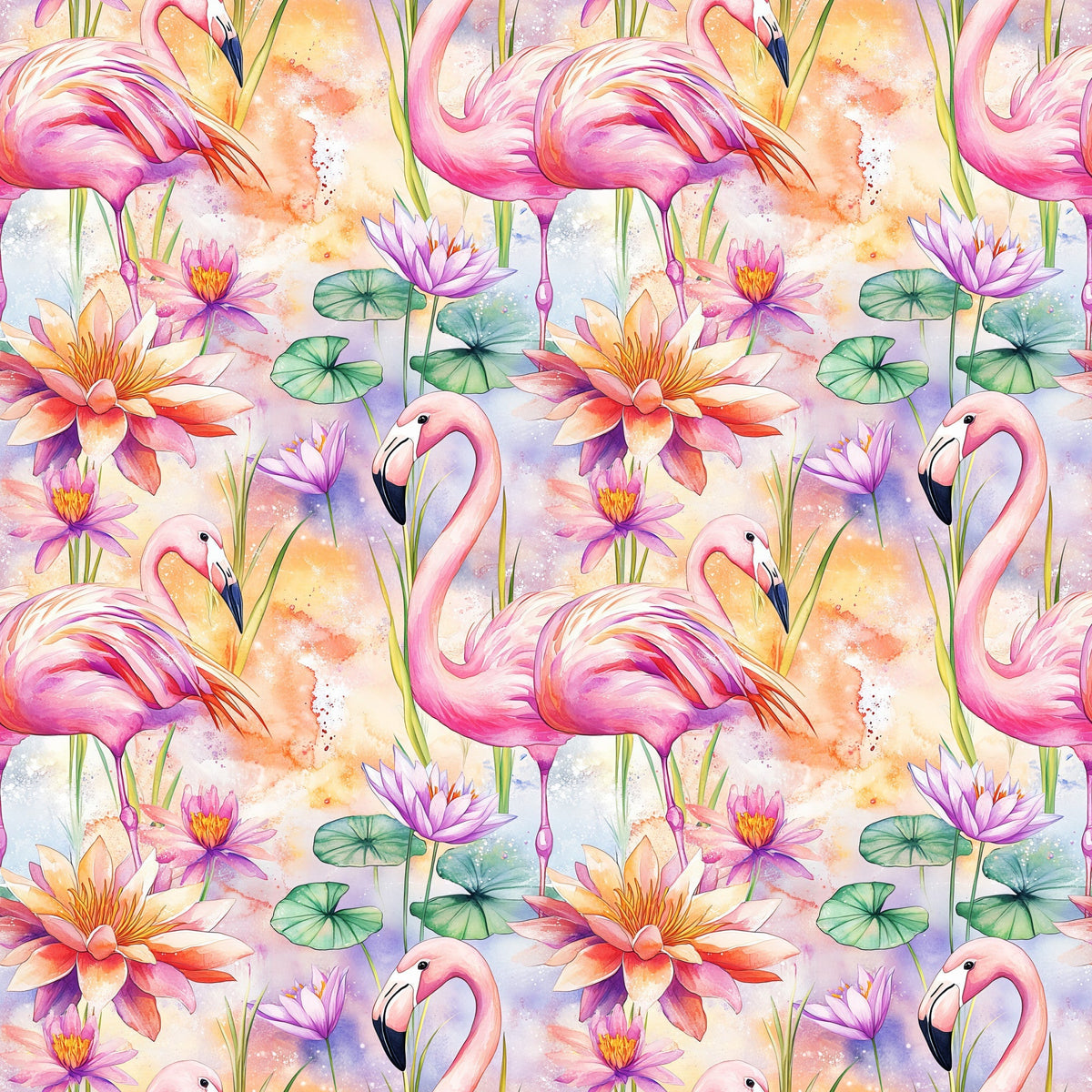 Pink Lagoon Blooms Pattern 1 pink flamingos, lotus flowers and lily pads in a soft watercolor palette on fleece fabric