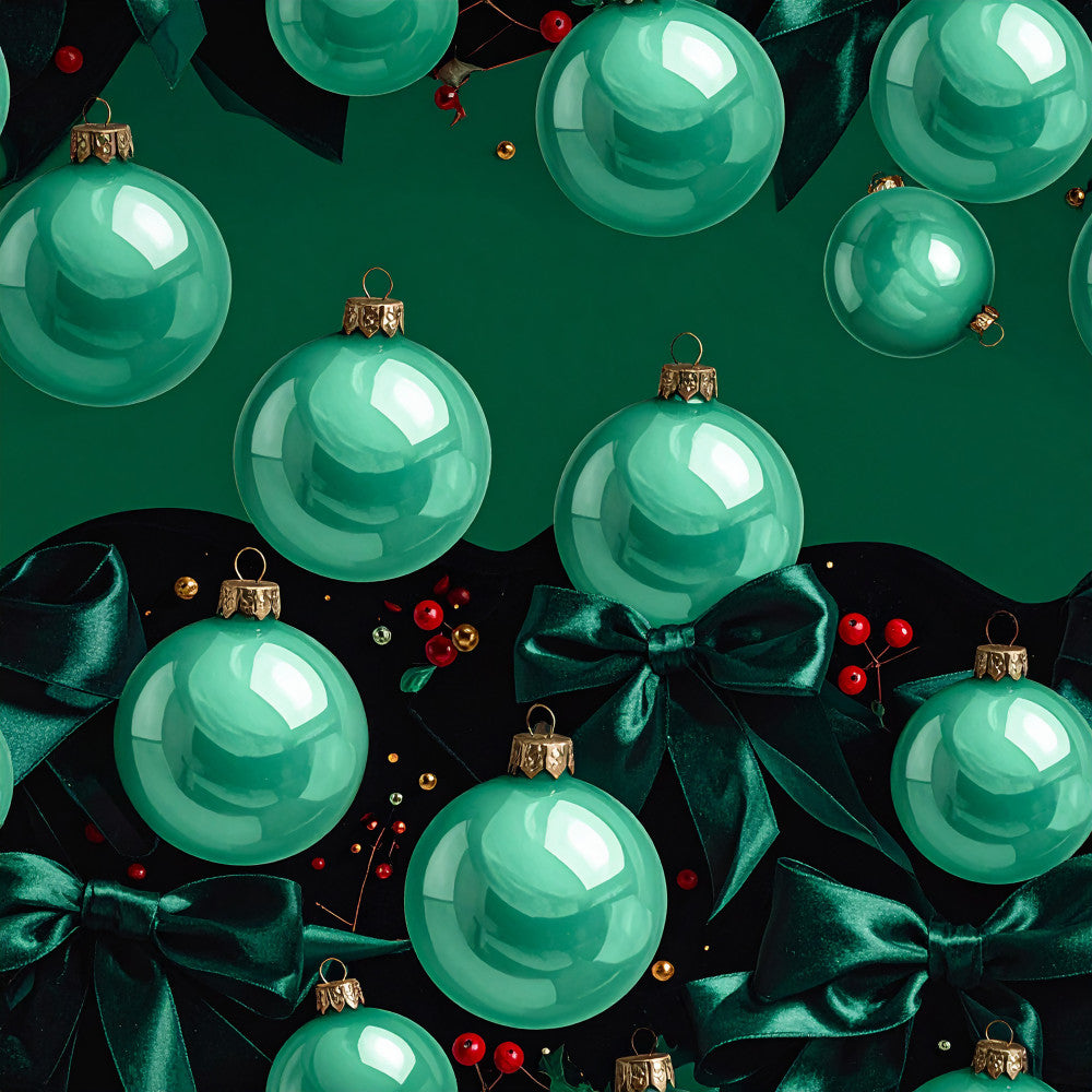 emerald green, mint green, sage green, christmas, holiday, festive, ornaments, baubles, velvet bows, metallic gold, red berries, elegant, luxurious, sophisticated, modern, winter, seasonal, decorative, shiny spheres, glamorous, jewel tones, dark green, black background, gold accents, ribbon bows, festive décor, upscale, celebration, party, formal