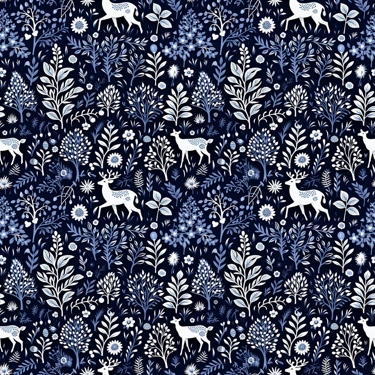 delft blue, navy background, white deer, floral motifs, botanical pattern, winter woodland, silhouette animals, folk art style,, fabric panel, seamless repeat, nature design, decorative florals, stag silhouettes, blue and white, cotton fabric, winter theme, woodland creatures, intricate details