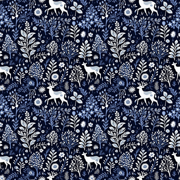 delft blue, navy background, white deer, floral motifs, botanical pattern, winter woodland, silhouette animals, folk art style,, fabric panel, seamless repeat, nature design, decorative florals, stag silhouettes, blue and white, cotton fabric, winter theme, woodland creatures, intricate details