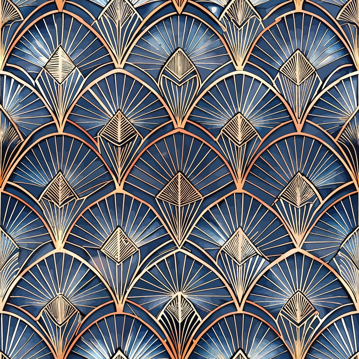 navy blue, copper, gold, fan pattern, geometric design, art deco, radiating lines, scalloped arches, metallic accents,, fabric panel, sunburst motif, overlapping fans, dimensional pattern, luxury design, vintage style, repeating pattern, ornate details, peacock feathers